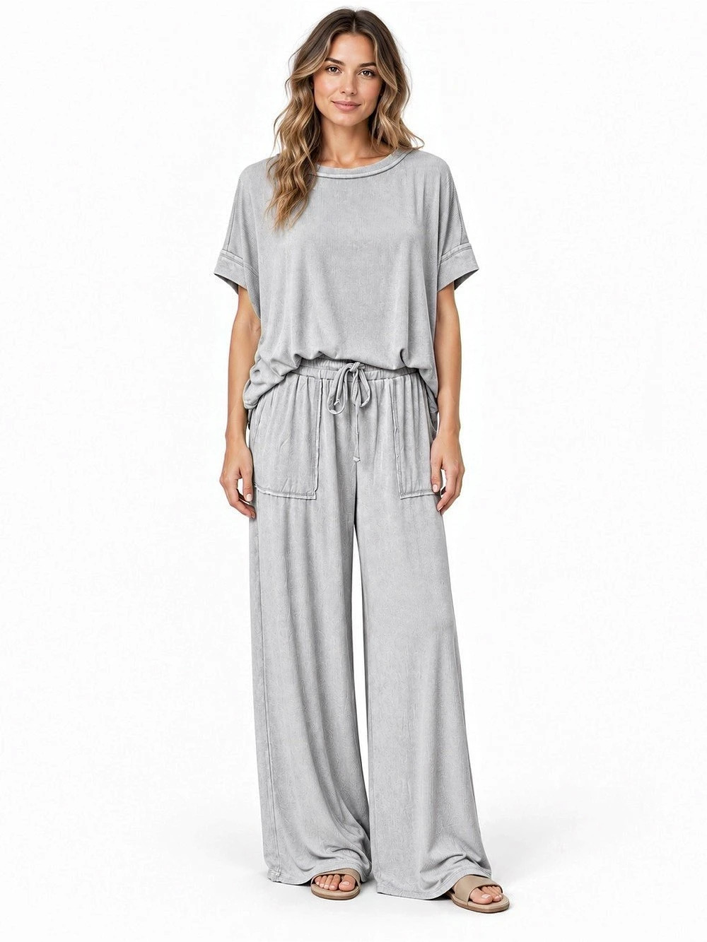 Zenana Light Gray Ribbed Wide Leg relaxed lounge set in Sleet L NWT